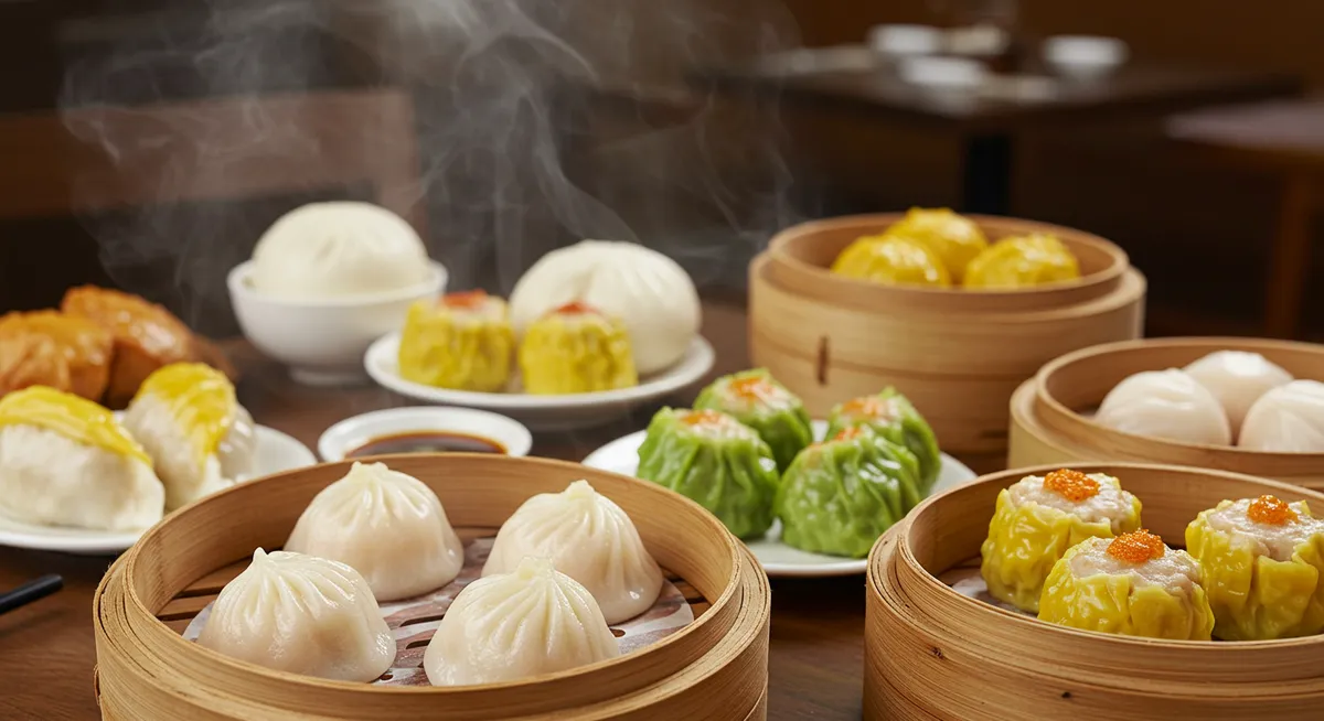 Selection of Guangzhou dim sum including har gow and siu mai