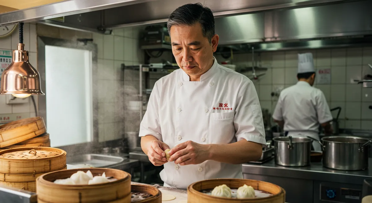 Skilled dim sum chef crafting dumplings