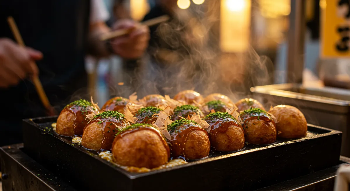 Freshly made takoyaki with bonito flakes and sauce in Tokyo