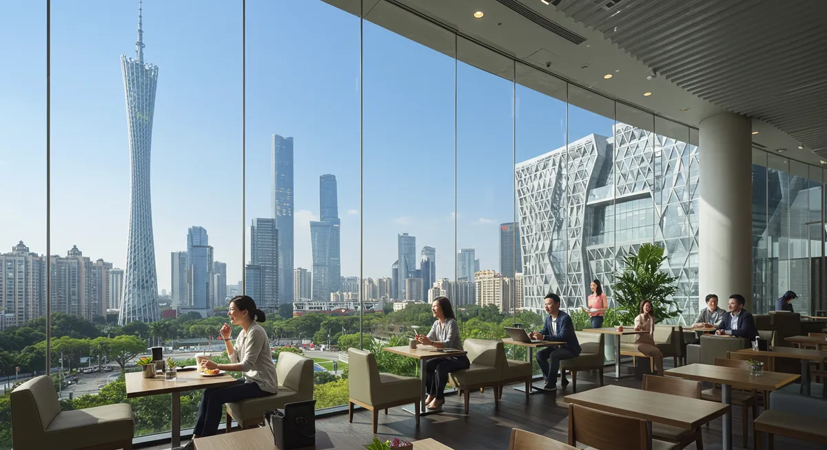 Cafe with views of Zhujiang New Town architecture
